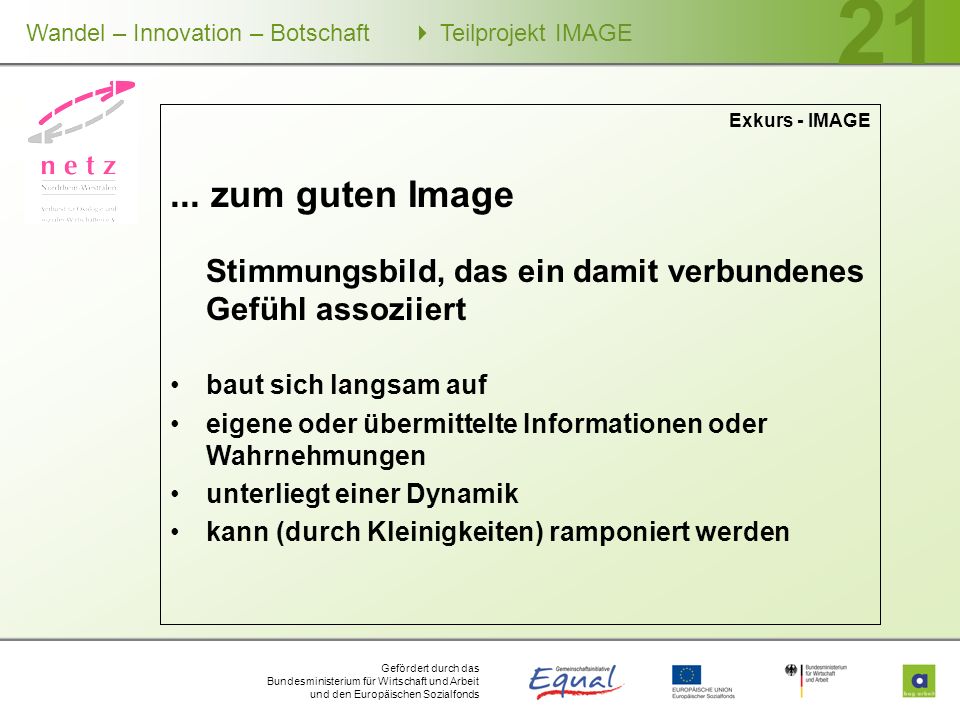 Exkurs - IMAGE ... zum guten Image. Stimmungsbild, das ein damit verbundenes Gefühl assoziiert. baut sich langsam auf.