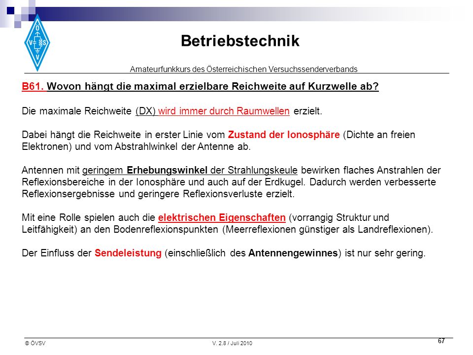 B61. Wovon hängt die maximal erzielbare Reichweite auf Kurzwelle ab