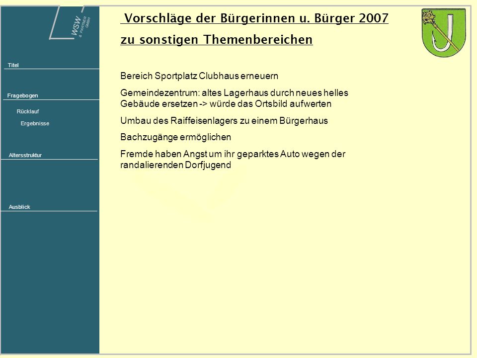 Vorschläge der Bürgerinnen u. Bürger 2007 zu sonstigen Themenbereichen