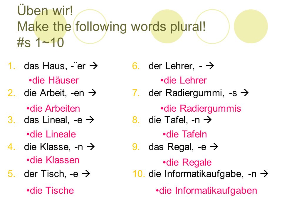 Üben wir! Make the following words plural! #s 1~10