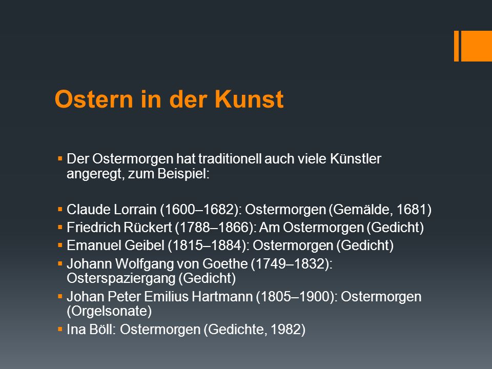 Ostern in der Kunst Der Ostermorgen hat traditionell auch viele Künstler angeregt, zum Beispiel:
