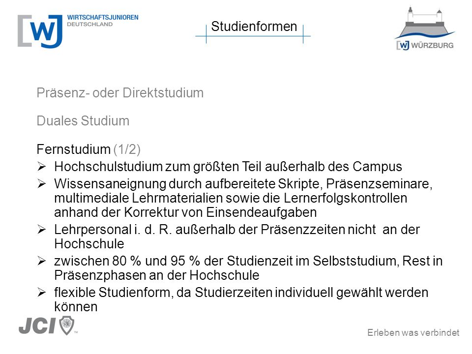 Studienformen Präsenz- oder Direktstudium. Duales Studium. Fernstudium (1/2) Hochschulstudium zum größten Teil außerhalb des Campus.