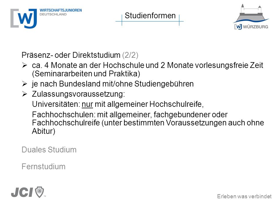 Studienformen Präsenz- oder Direktstudium (2/2) ca. 4 Monate an der Hochschule und 2 Monate vorlesungsfreie Zeit (Seminararbeiten und Praktika)