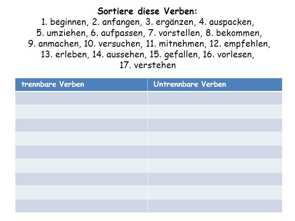 Sortiere diese Verben: 1. beginnen, 2. anfangen, 3. ergänzen, 4