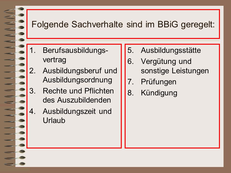 Folgende Sachverhalte sind im BBiG geregelt: