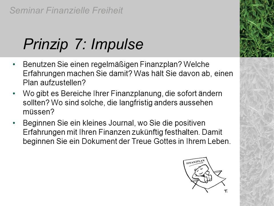 Prinzip 7: Impulse Benutzen Sie einen regelmäßigen Finanzplan Welche Erfahrungen machen Sie damit Was hält Sie davon ab, einen Plan aufzustellen