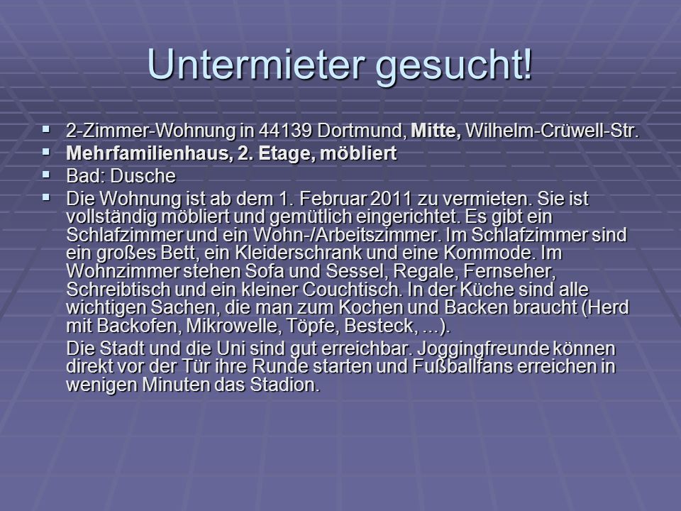 Untermieter gesucht! 2-Zimmer-Wohnung in Dortmund, Mitte, Wilhelm-Crüwell-Str. Mehrfamilienhaus, 2. Etage, möbliert.