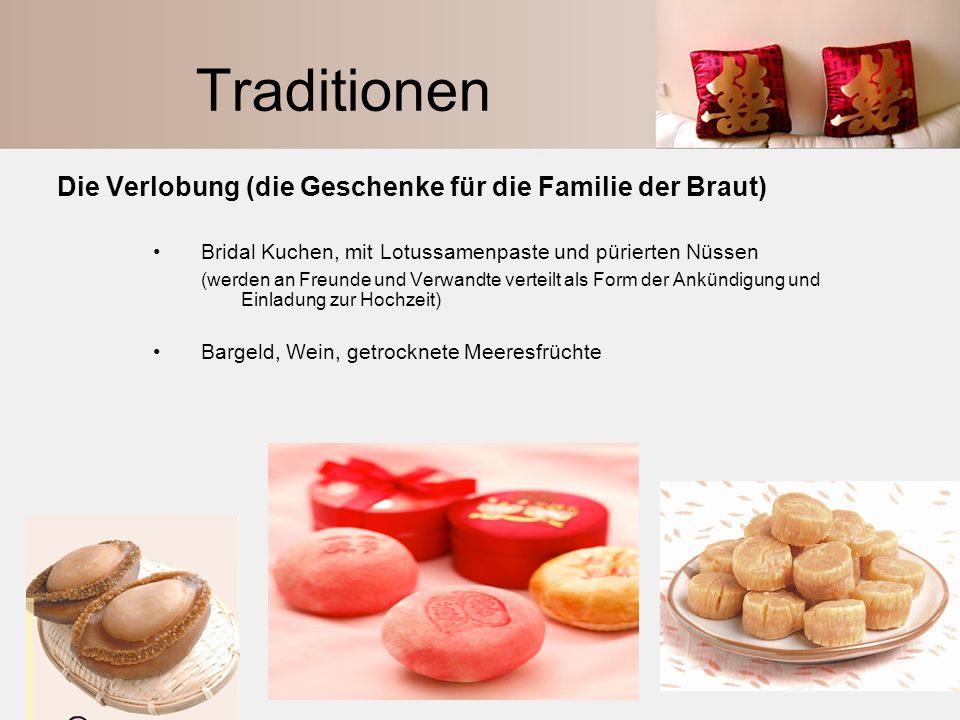 Traditionen Die Verlobung (die Geschenke für die Familie der Braut)