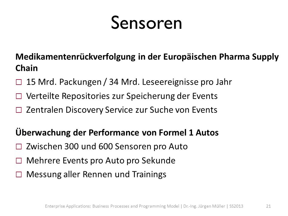 Sensoren Medikamentenrückverfolgung in der Europäischen Pharma Supply Chain. 15 Mrd. Packungen / 34 Mrd. Leseereignisse pro Jahr.