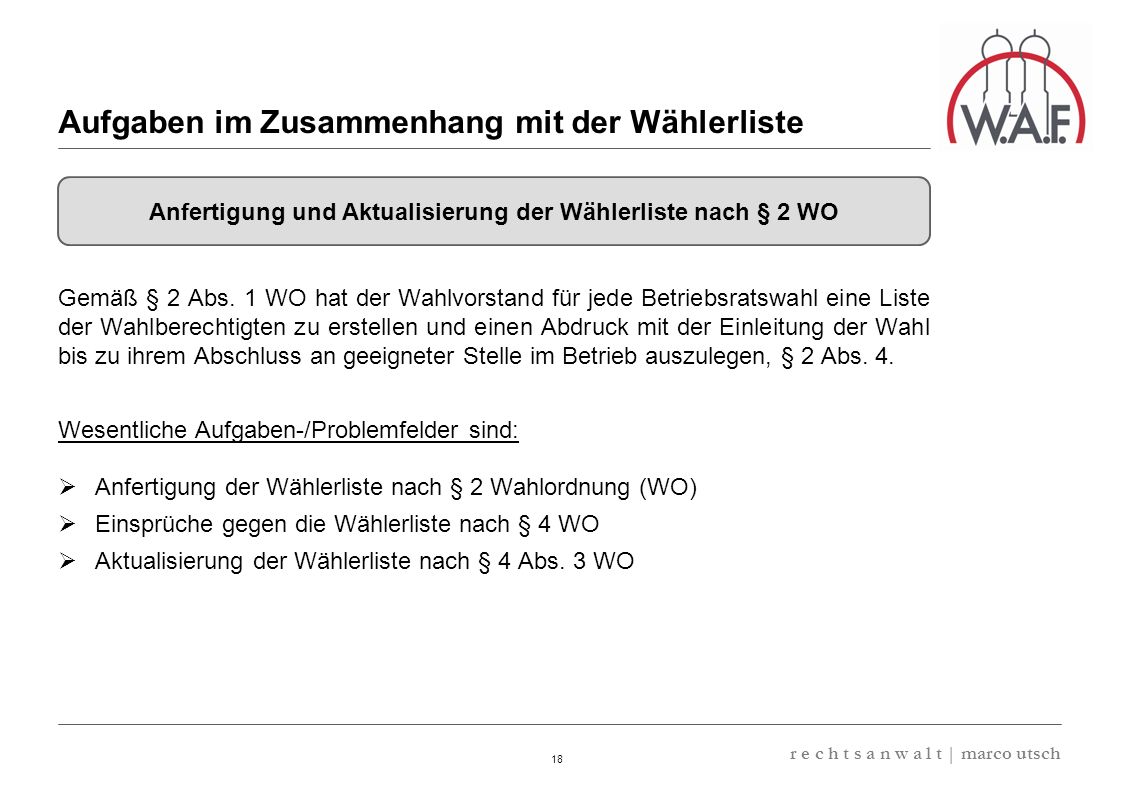 Aufgaben im Zusammenhang mit der Wählerliste