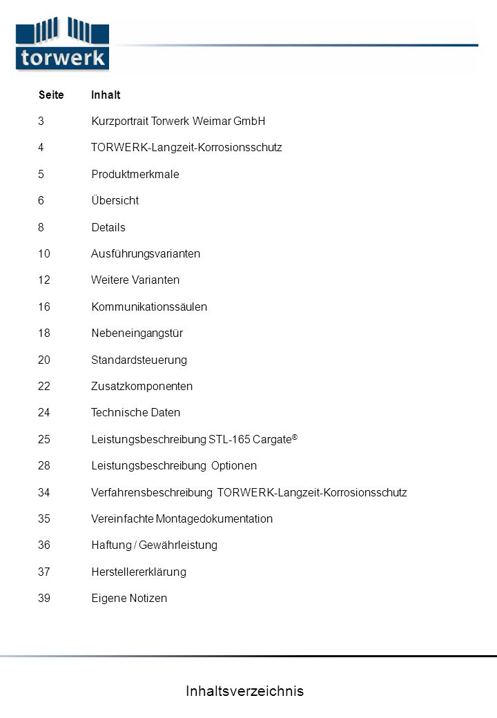 Inhaltsverzeichnis Seite