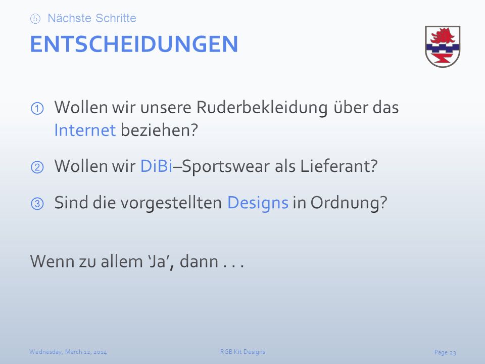 Nächste Schritte ENTSCHEIDUNGEN. Wollen wir unsere Ruderbekleidung über das Internet beziehen Wollen wir DiBi–Sportswear als Lieferant
