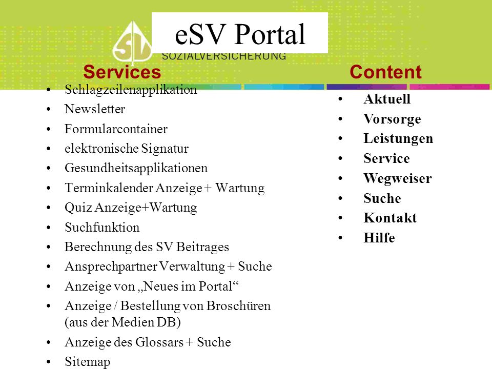 eSV Portal Services Content Aktuell Vorsorge Leistungen Service