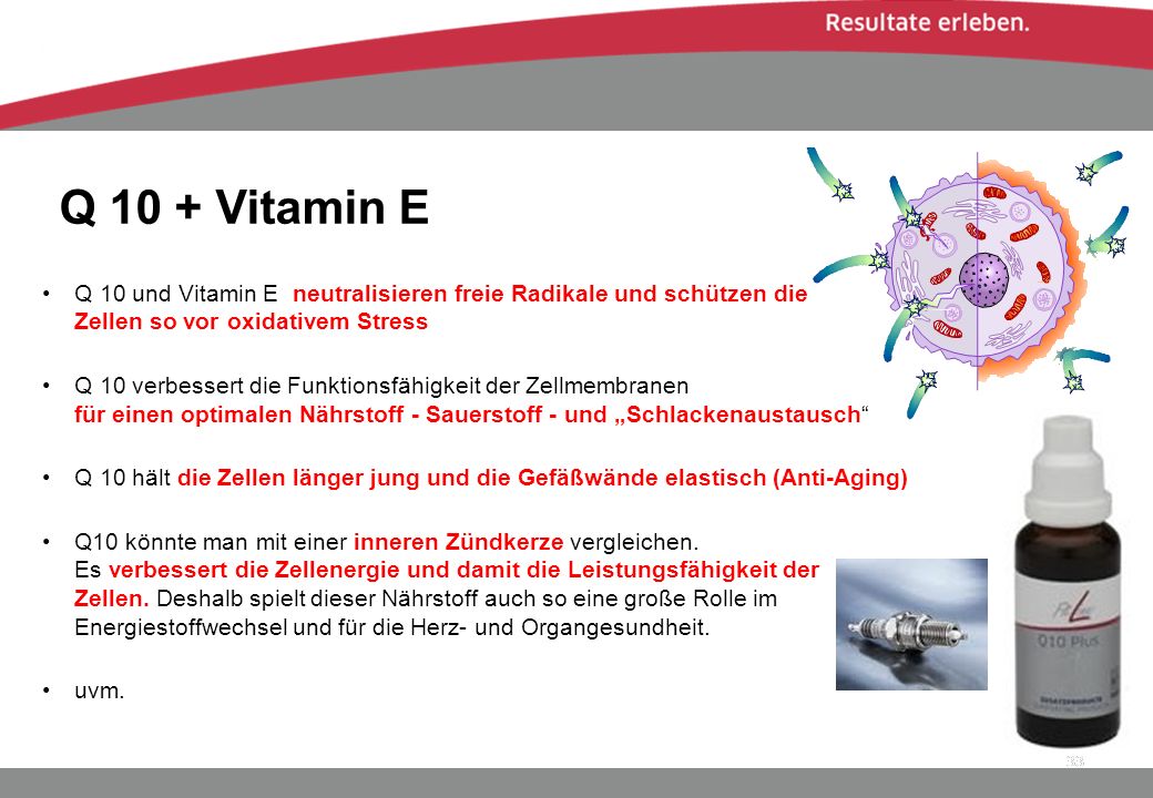 Q 10 + Vitamin E Q 10 und Vitamin E neutralisieren freie Radikale und schützen die Zellen so vor oxidativem Stress.