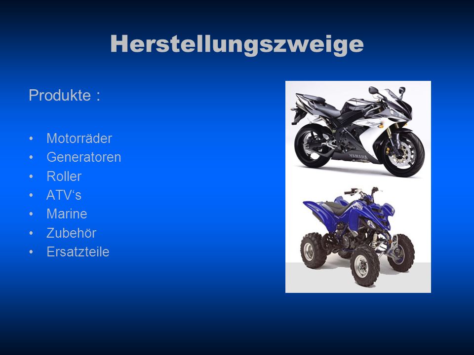 Herstellungszweige Produkte : Motorräder Generatoren Roller ATV‘s
