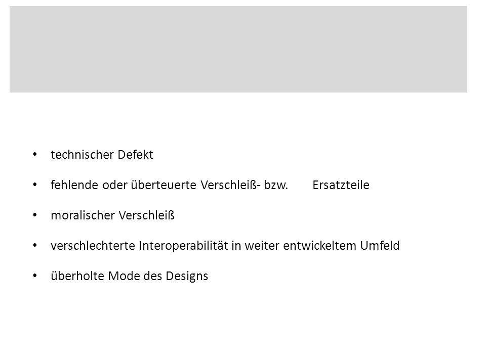 technischer Defekt fehlende oder überteuerte Verschleiß- bzw. Ersatzteile. moralischer Verschleiß.