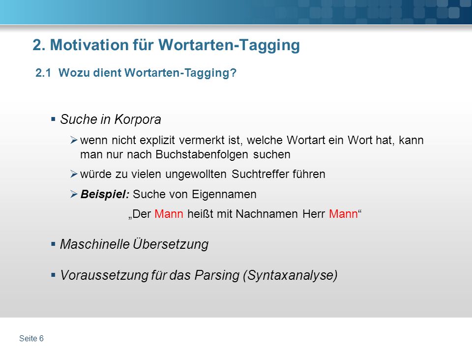 2. Motivation für Wortarten-Tagging