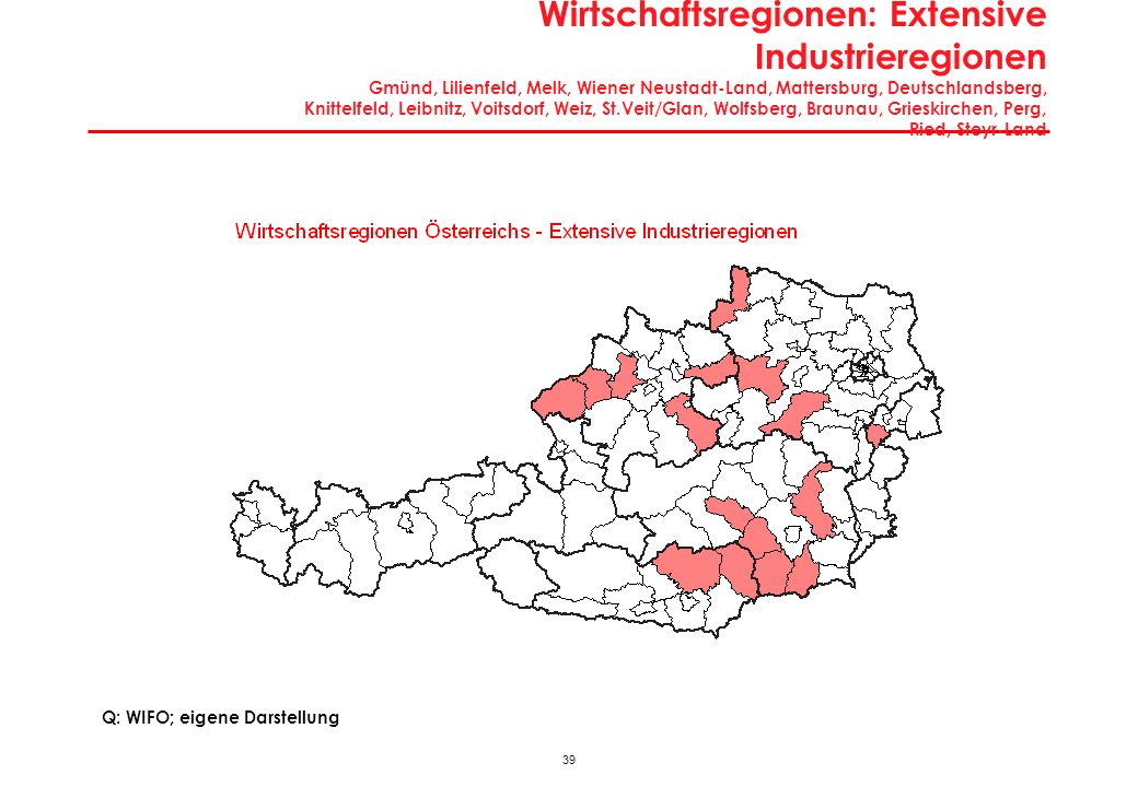 Wirtschaftsregionen: Extensive Industrieregionen Gmünd, Lilienfeld, Melk, Wiener Neustadt-Land, Mattersburg, Deutschlandsberg, Knittelfeld, Leibnitz, Voitsdorf, Weiz, St.Veit/Glan, Wolfsberg, Braunau, Grieskirchen, Perg, Ried, Steyr-Land