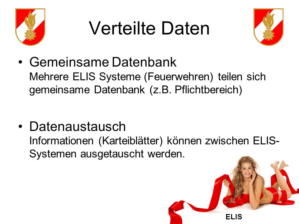 Verteilte Daten Gemeinsame Datenbank Mehrere ELIS Systeme (Feuerwehren) teilen sich gemeinsame Datenbank (z.B. Pflichtbereich)