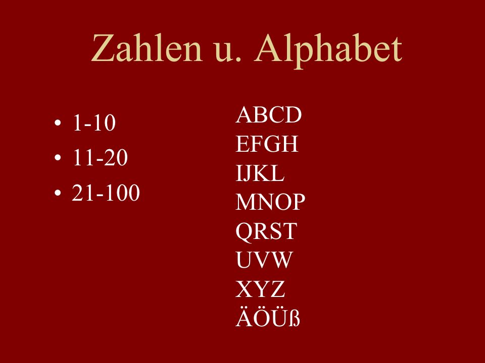 Zahlen u. Alphabet ABCD 1-10 EFGH IJKL MNOP QRST UVW