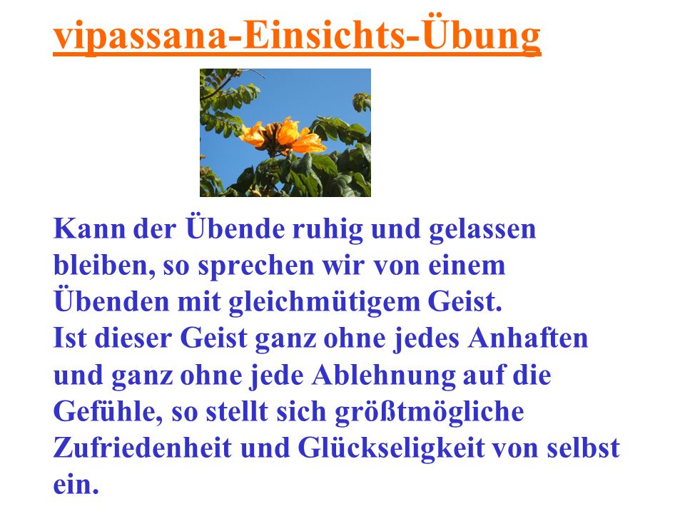 vipassana-Einsichts-Übung Kann der Übende ruhig und gelassen bleiben, so sprechen wir von einem Übenden mit gleichmütigem Geist.