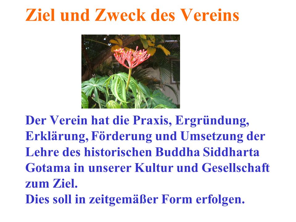 Ziel und Zweck des Vereins Der Verein hat die Praxis, Ergründung, Erklärung, Förderung und Umsetzung der Lehre des historischen Buddha Siddharta Gotama in unserer Kultur und Gesellschaft zum Ziel.
