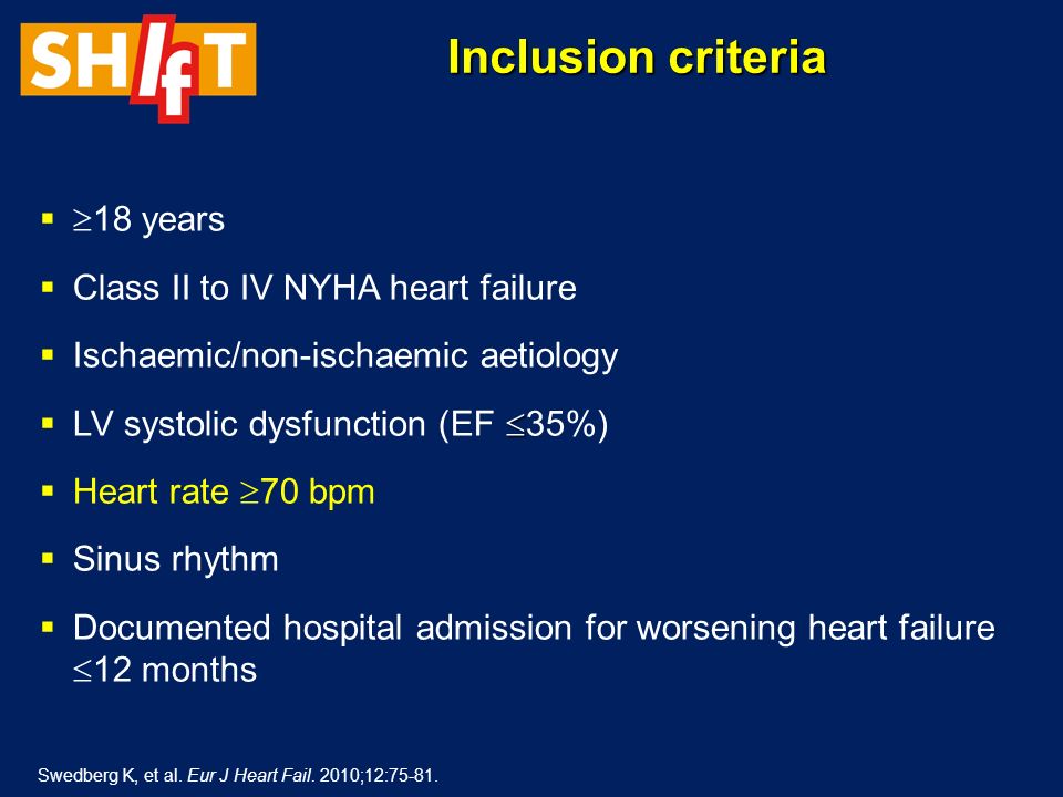 Inclusion criteria 18 years Class II to IV NYHA heart failure