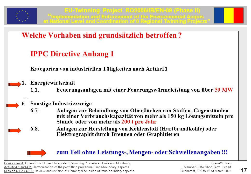 Welche Vorhaben sind grundsätzlich betroffen IPPC Directive Anhang 1