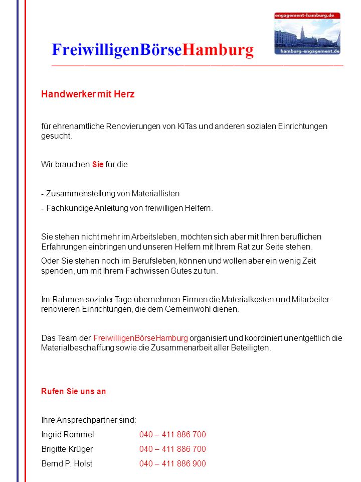 Handwerker mit Herz für ehrenamtliche Renovierungen von KiTas und anderen sozialen Einrichtungen gesucht.