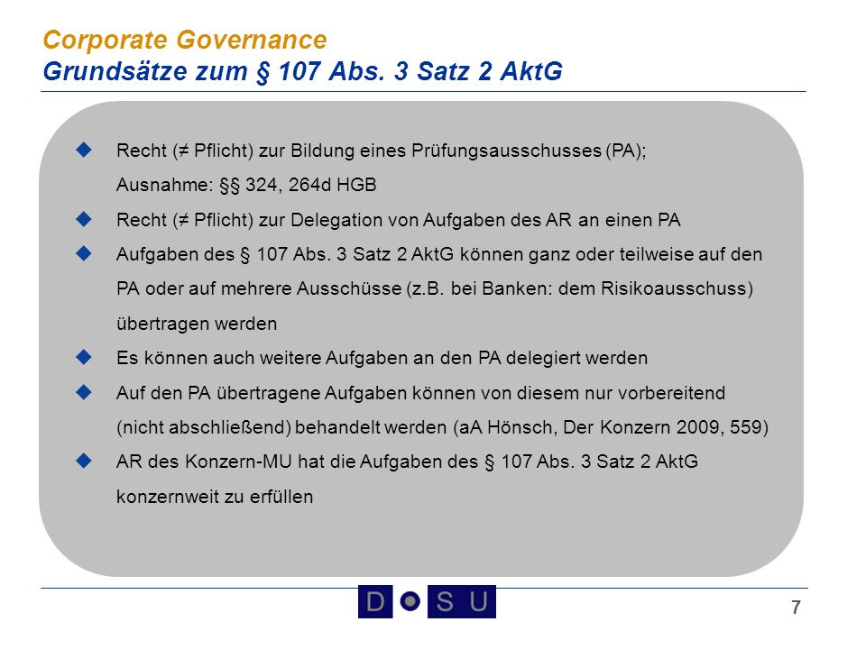 Corporate Governance Grundsätze zum § 107 Abs. 3 Satz 2 AktG