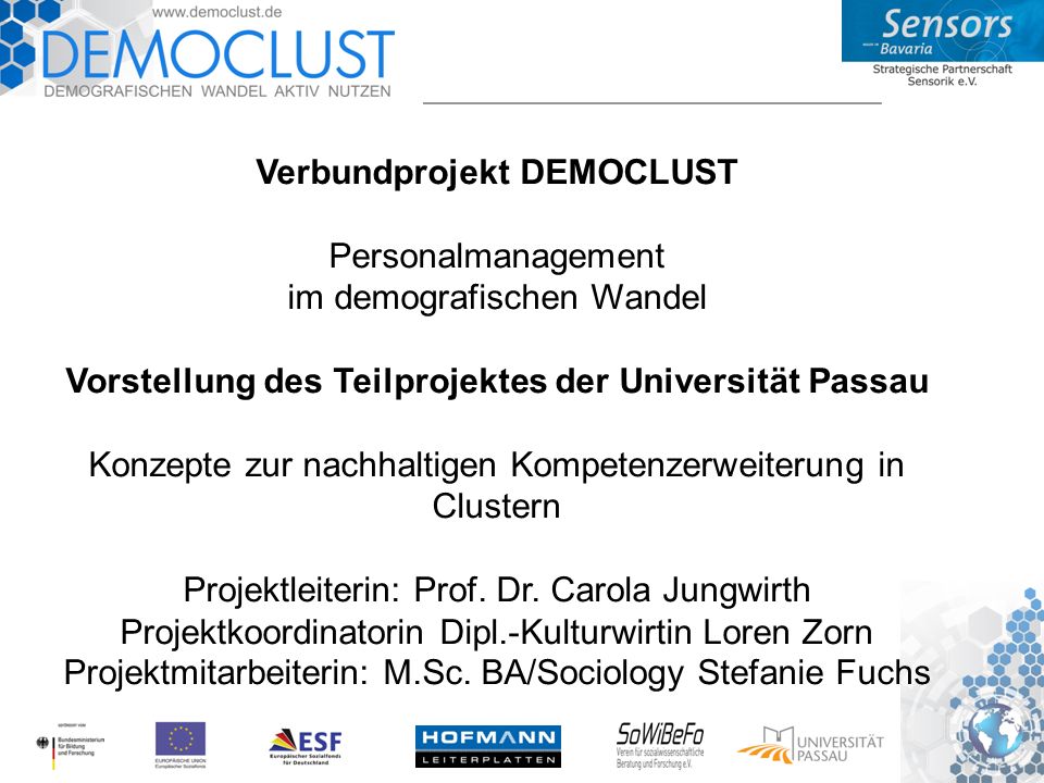 Verbundprojekt DEMOCLUST Personalmanagement im demografischen Wandel Vorstellung des Teilprojektes der Universität Passau Konzepte zur nachhaltigen Kompetenzerweiterung in Clustern Projektleiterin: Prof.
