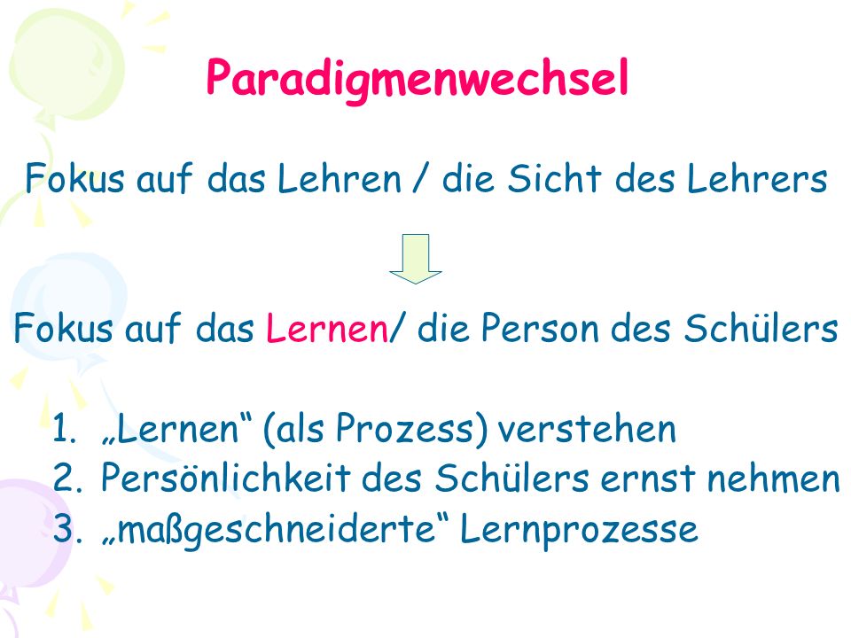 Paradigmenwechsel Fokus auf das Lehren / die Sicht des Lehrers