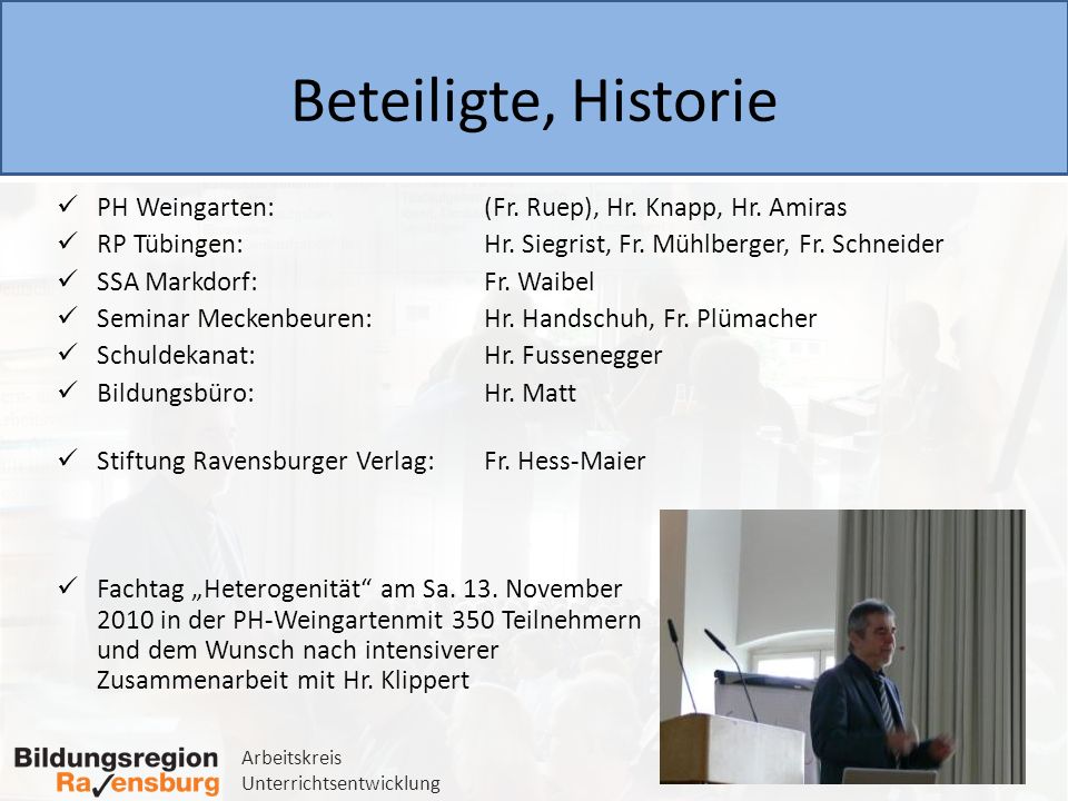 Beteiligte, Historie PH Weingarten: (Fr. Ruep), Hr. Knapp, Hr. Amiras
