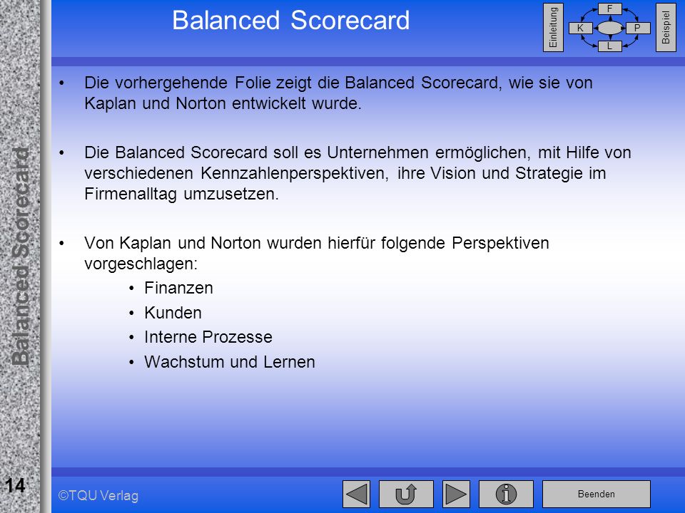 Balanced Scorecard Die vorhergehende Folie zeigt die Balanced Scorecard, wie sie von Kaplan und Norton entwickelt wurde.