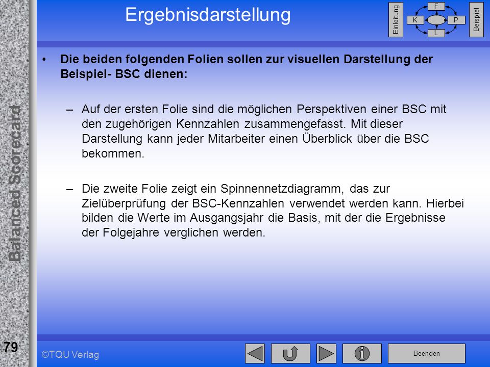 Ergebnisdarstellung Die beiden folgenden Folien sollen zur visuellen Darstellung der Beispiel- BSC dienen:
