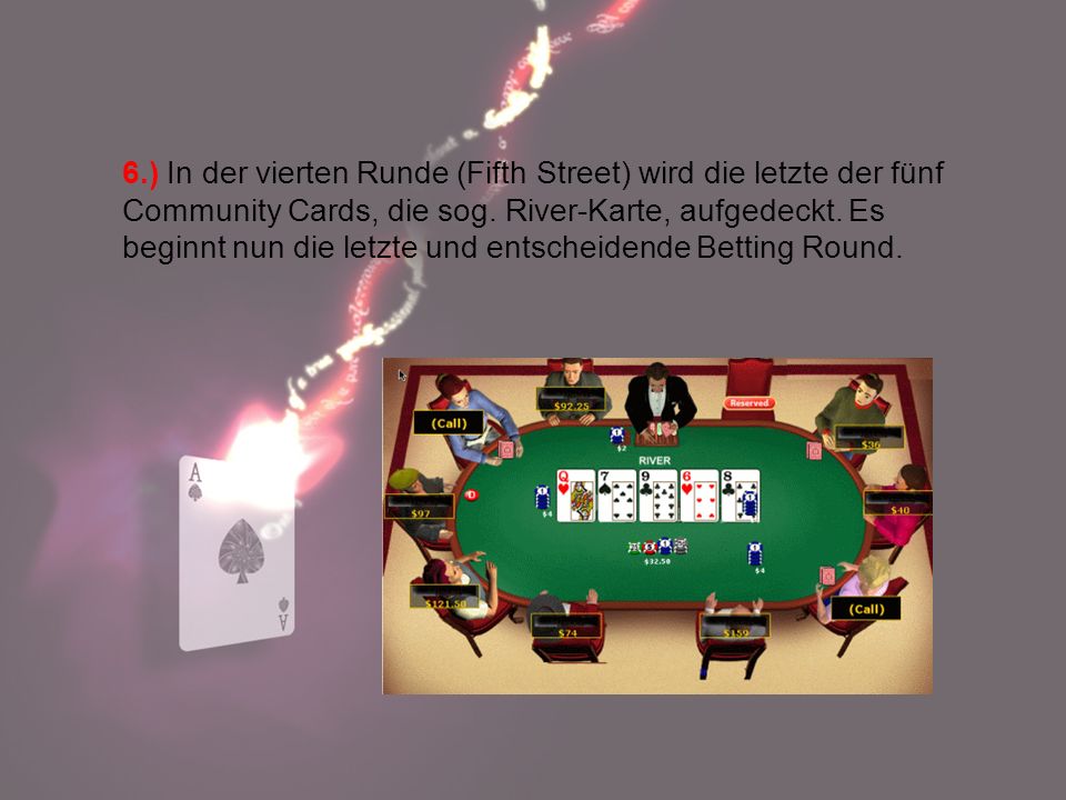 6.) In der vierten Runde (Fifth Street) wird die letzte der fünf Community Cards, die sog.