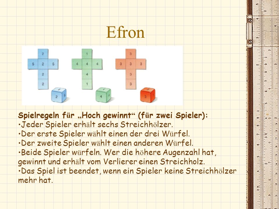 Efron Spielregeln für „Hoch gewinnt (für zwei Spieler):