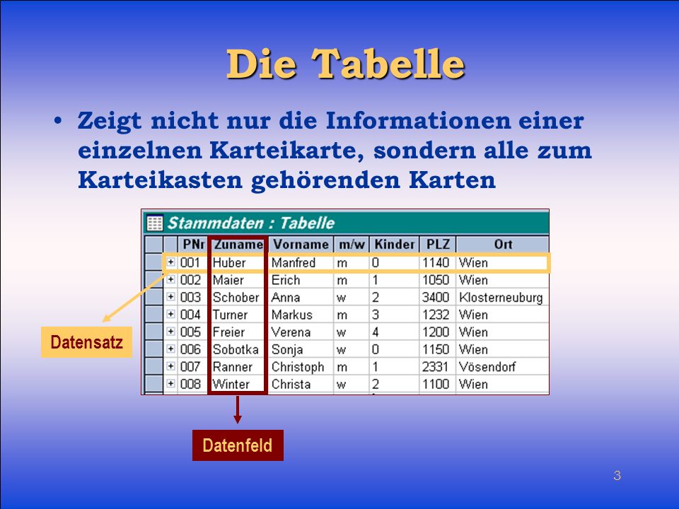 Die Tabelle Zeigt nicht nur die Informationen einer einzelnen Karteikarte, sondern alle zum Karteikasten gehörenden Karten.
