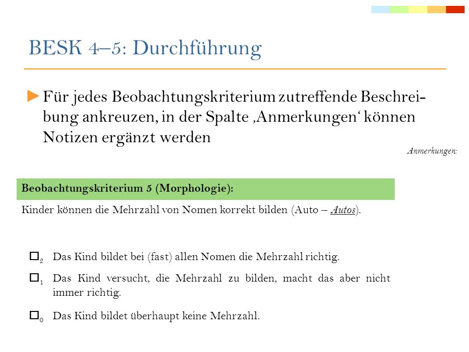 BESK 4–5: Durchführung Für jedes Beobachtungskriterium zutreffende Beschrei-bung ankreuzen, in der Spalte ‚Anmerkungen‘ können Notizen ergänzt werden.