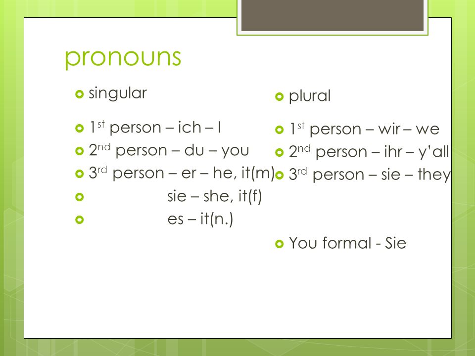 pronouns singular plural 1st person – ich – I 1st person – wir – we