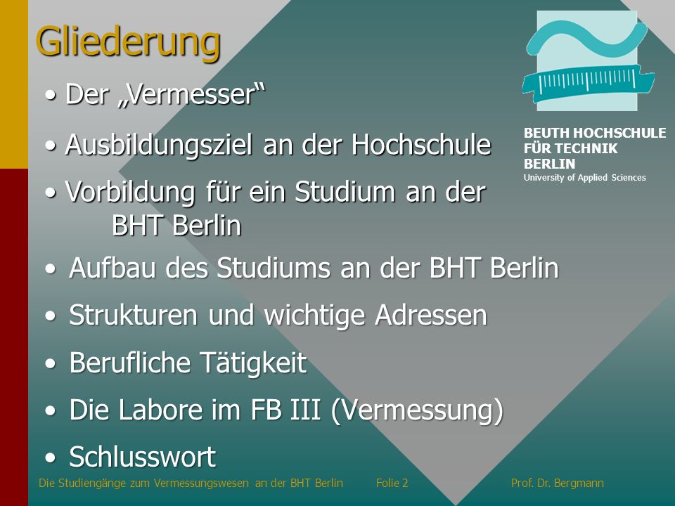 Gliederung Der „Vermesser Ausbildungsziel an der Hochschule