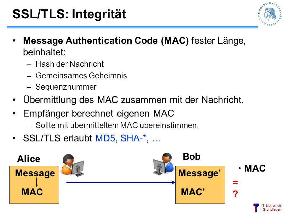 SSL/TLS: Integrität Message Authentication Code (MAC) fester Länge, beinhaltet: Hash der Nachricht.