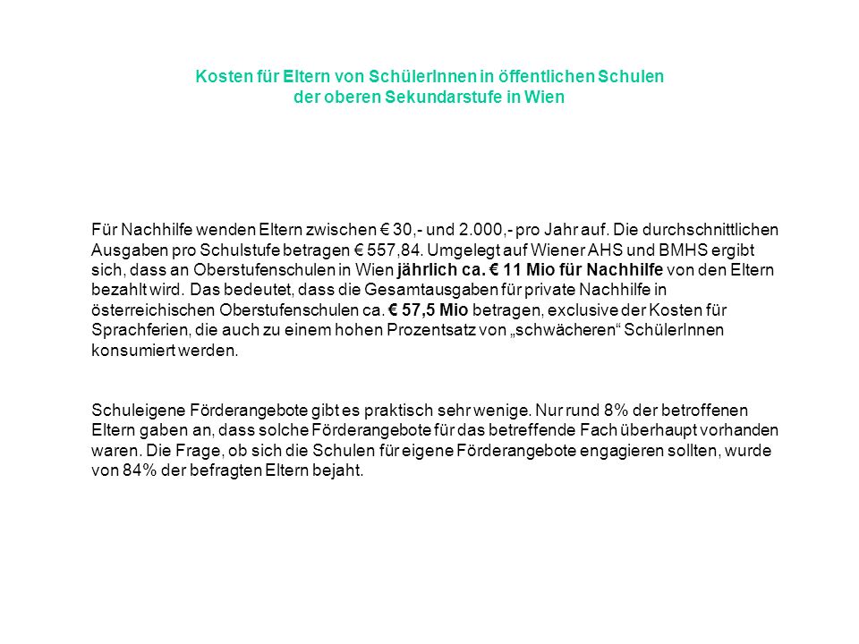 Kosten für Eltern von SchülerInnen in öffentlichen Schulen der oberen Sekundarstufe in Wien