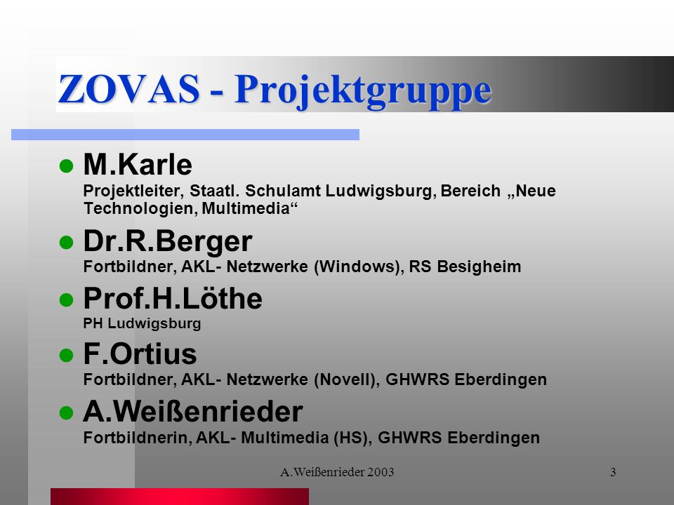 ZOVAS - Projektgruppe M.Karle Projektleiter, Staatl. Schulamt Ludwigsburg, Bereich „Neue Technologien, Multimedia