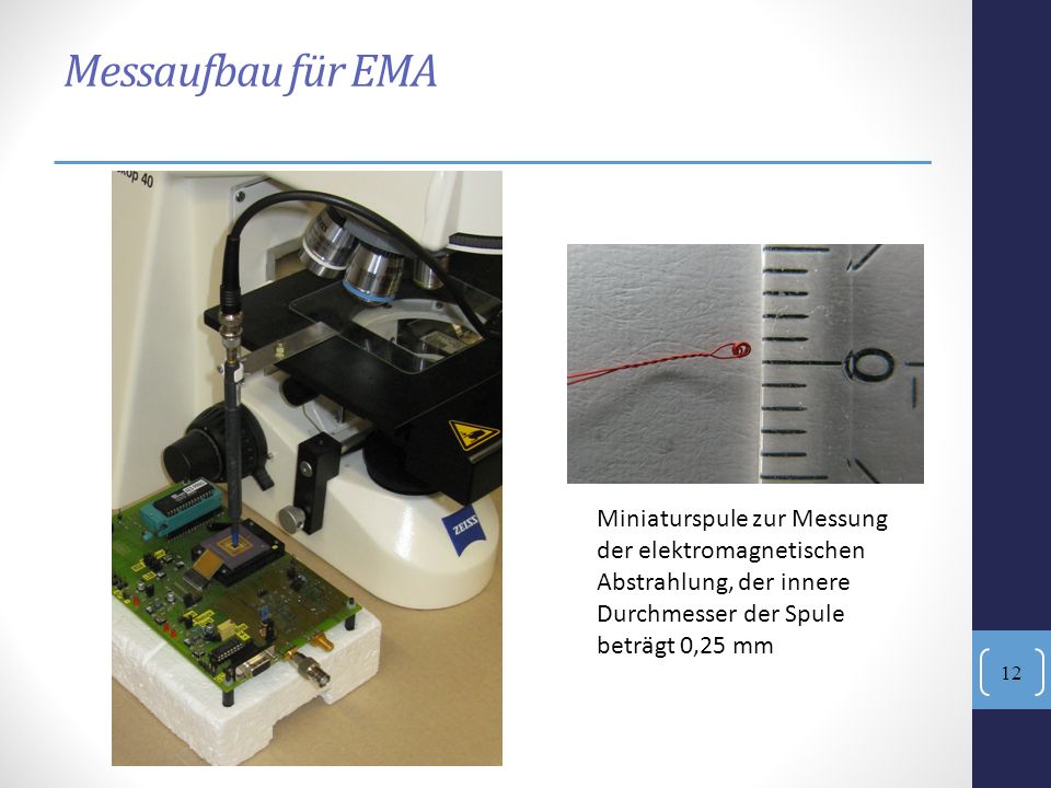 Messaufbau für EMA Miniaturspule zur Messung der elektromagnetischen Abstrahlung, der innere Durchmesser der Spule beträgt 0,25 mm.