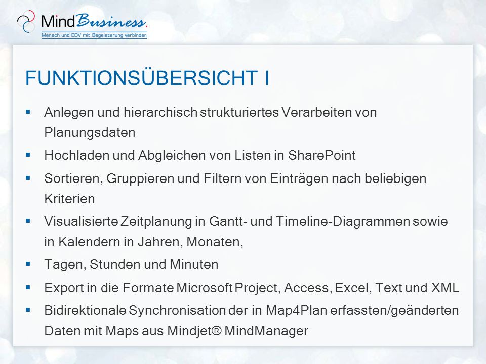 Funktionsübersicht I Anlegen und hierarchisch strukturiertes Verarbeiten von Planungsdaten. Hochladen und Abgleichen von Listen in SharePoint.