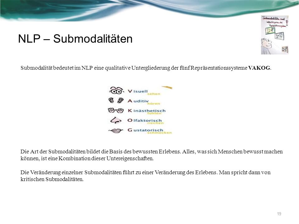 NLP – Submodalitäten Submodalität bedeutet im NLP eine qualitative Untergliederung der fünf Repräsentationssysteme VAKOG.
