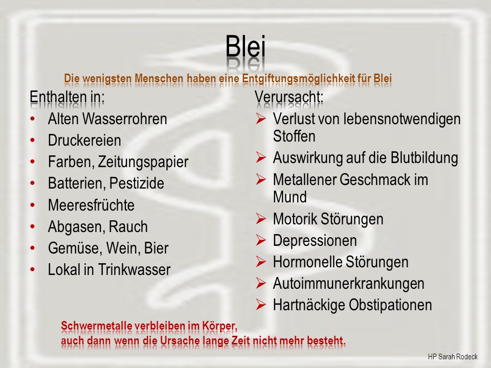 Die wenigsten Menschen haben eine Entgiftungsmöglichkeit für Blei