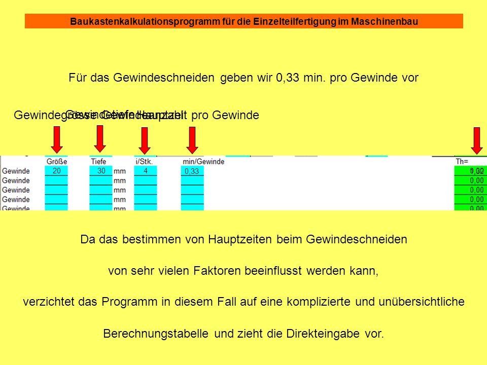 Für das Gewindeschneiden geben wir 0,33 min. pro Gewinde vor