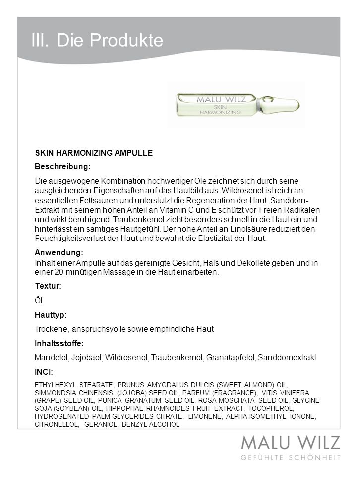 III. Die Produkte SKIN HARMONIZING AMPULLE Beschreibung: